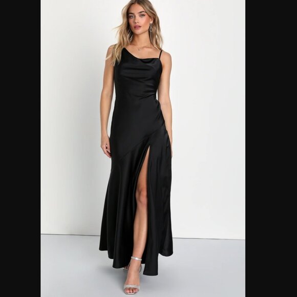 Lulus Impressive Energy Black Satin Asymmetrical Maxi Dress - Picture 1 of 4